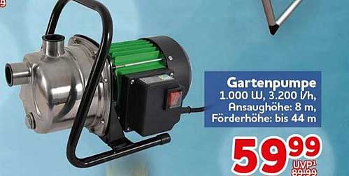 Gartenpumpe 1.000 W, 3.200 l/h, Ansaughöhe: 8 m, Förderhöhe: bis 44 m