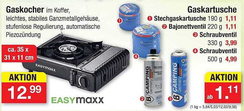 Gaskocher im Koffer, leichtes, stabiles Ganzmetallgehäuse, stufenlose Regulierung, automatische Piezozündung