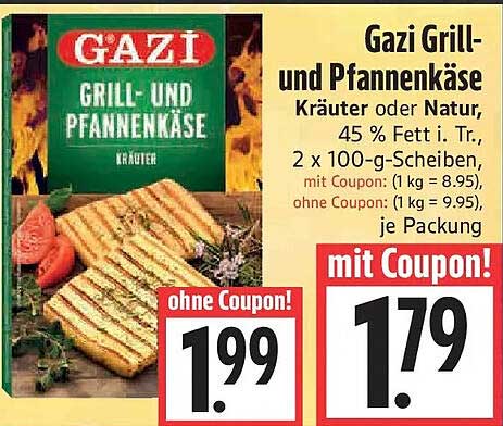 Gazi Grill- und Pfannenkäse Kräuter oder Natur, 45 % Fett i. Tr., 2 x 100-g-Scheiben