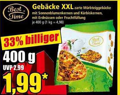 Gebäcke XXL zarte Mürbeteiggebäcke mit Sonnenblumenkernen und Kürbiskernen, mit Erdnüssen oder Fruchtfüllung, je 400 g (1 kg = 4,98)