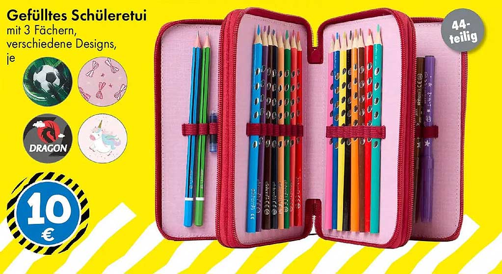 Gefülltes Schüleretui mit 3 Fächern, verschiedene Designs, je 44-teilig