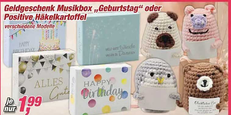 Geldgeschenk Musikbox „Geburtstag“ oder Positive Häkeltierkarteolfe verschiedene Modelle