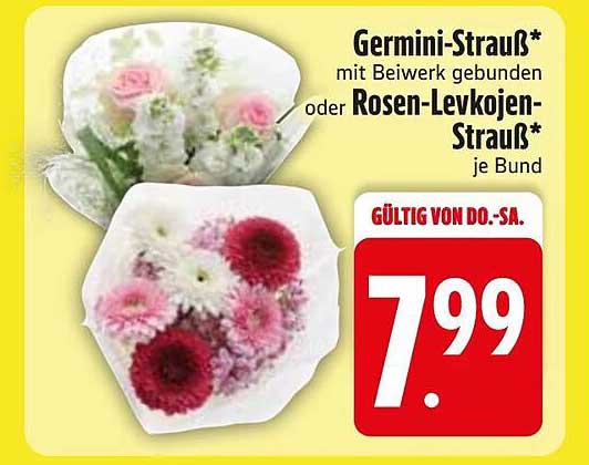 Germini-Strauß* mit Beiwerk gebunden oder Rosen-Levkojen-Strauß* je Bund