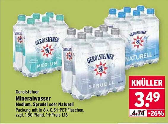 Gerolsteiner Mineralwasser Medium, Sprudel oder Naturell Packung mit je 6 x 0,5l-PET-Flaschen, zzgl. 1.50 Pfand, 1l-Preis 1.16