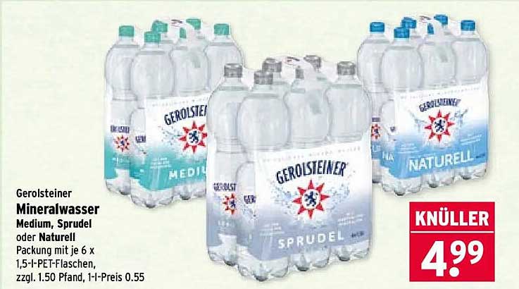 Gerolsteiner Mineralwasser Medium, Sprudel oder Naturell Packung mit je 6 x 1,5 l-PET-Flaschen, zzgl. 1,50 Pfand, 1 l-Preis 0.55