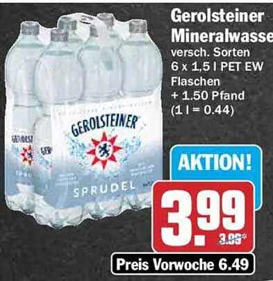 Gerolsteiner Mineralwasser versch. Sorten 6 x 1,5 l PET EW Flaschen + 1.50 Pfand (1 l = 0.44)