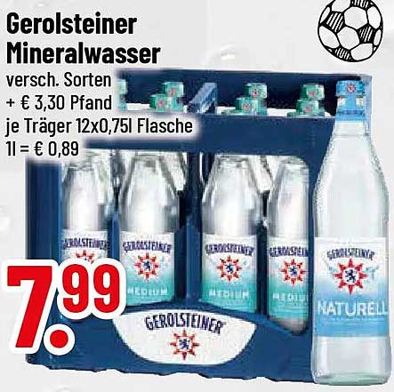 Gerolsteiner Mineralwasser versch. Sorten + € 3,30 Pfand je Träger 12x0,75l Flasche 1l = € 0,89