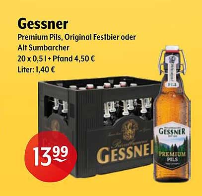 Gessner Premium Pils, Original Festbier oder Alt Sumburcher 20 x 0,5 l + Pfand 4,50 € Liter: 1,40 €