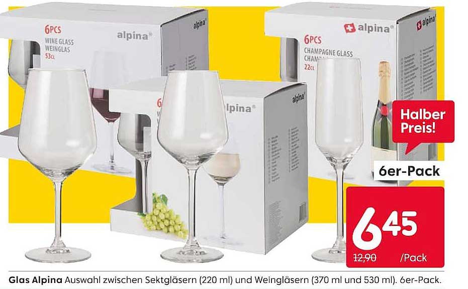 Glas Alpina Auswahl zwischen Sektgläsern (220 ml) und Weingläsern (370 ml und 530 ml). 6er-Pack.