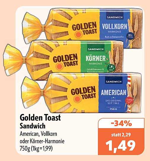 Golden Toast Sandwich Amerikan, Vollkorn oder Körner-Harmonie 750g (1kg=1,99)