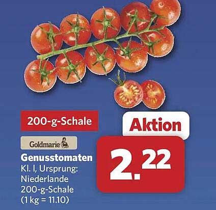Goldmarie Genuss tomaten Kl. I, Ursprung: Niederlande 200-g-Schale (1 kg = 11.10)