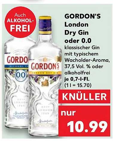 GORDON'S London Dry Gin oder 0.0 klassischer Gin mit typischem Wacholder-Aroma, 37,5 Vol. % oder alkoholfrei je 0,7-l-Fl. (1 l = 15.70)