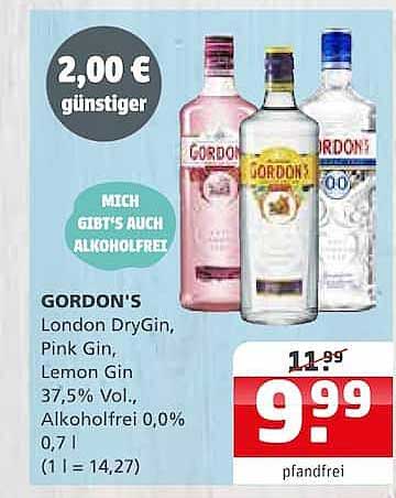 GORDON'S London DryGin, Pink Gin, Lemon Gin 37,5% Vol., Alkoholfrei 0,0% 0,7 l (1 l = 14,27)