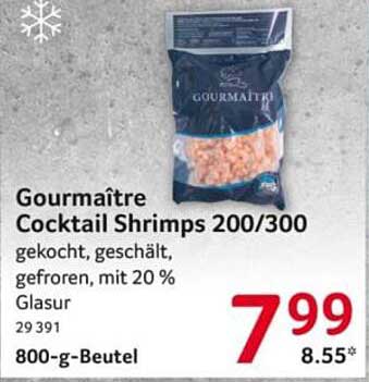Gourmaître Cocktail Shrimps 200/300 gekocht, geschält, gefroren, mit 20 % Glasur 800-g-Beutel