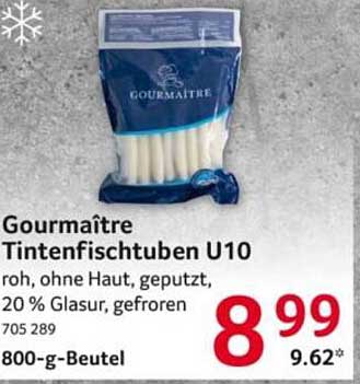 Gourmaitre Tintenfischtuben U10 roh, ohne Haut, geputzt, 20 % Glasur, gefroren