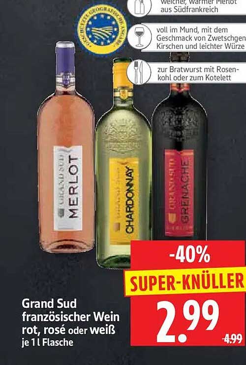 Grand Sud französischer Wein rot, rosé oder weiß je 1 l Flasche