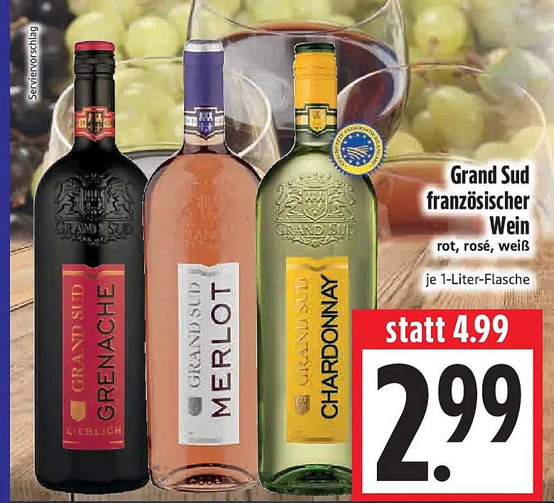 Grand Sud französischer Wein rot, rosé, weiß je 1-Liter-Flasche