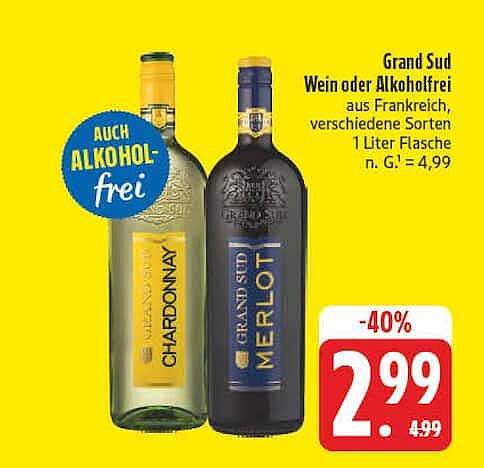 Grand Sud Wein oder Alkoholfrei aus Frankreich, verschiedene Sorten, 1 Liter Flasche