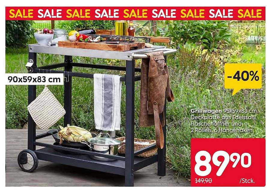 Grillwagen 95x59x83 cm. Deckplatte aus Edelstahl, Flaschenöffner und 2 Rollen, 6 Hängehaken
