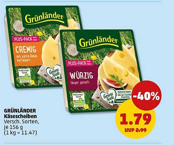 GRÜNLÄNDER Käsescheiben Versch. Sorten, je 156 g (1 kg = 11.47)
