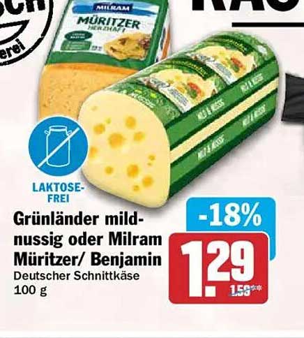 Grünländer mild-nussig oder Milram Müritzer/ Benjamin Deutscher Schnittkäse 100 g