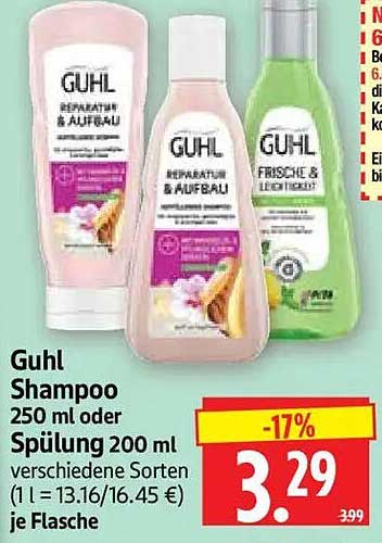 Guhl Shampoo 250 ml oder Spülung 200 ml verschiedene Sorten (1 l = 13.16/16.45 €) je Flasche