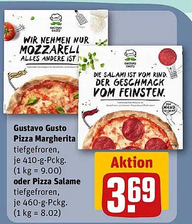Gustavo Gusto Pizza Margherita tiefgefroren, je 410-g-Pckg. (1 kg = 9.00) oder Pizza Salame tiefgefroren, je 460-g-Pckg. (1 kg = 8.02)