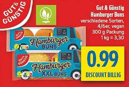 Gut & Günstig Hamburger Buns verschiedene Sorten, 4/6er, vegan, 300 g Packung, 1 kg = 3,30
