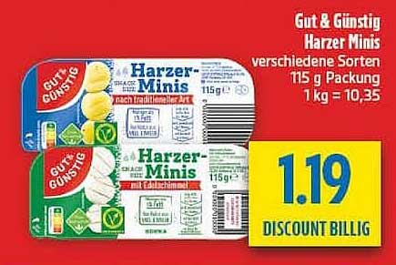Gut & Günstig Harzer Minis verschiedene Sorten 115 g Packung 1 kg = 10,35