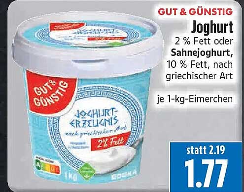 Gut & Günstig Joghurt 2 % Fett oder Sahnejoghurt, 10 % Fett, nach griechischer Art