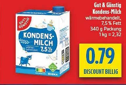 Gut & Günstig Kondens-Milch wärmebehandelt, 7,5% Fett, 340 g Packung, 1 kg = 2,32