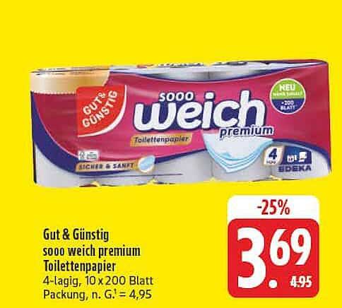 Gut & Günstig sooo weich premium Toilettenpapier 4-lagig, 10 x 200 Blatt Packung, n. G. = 4,95