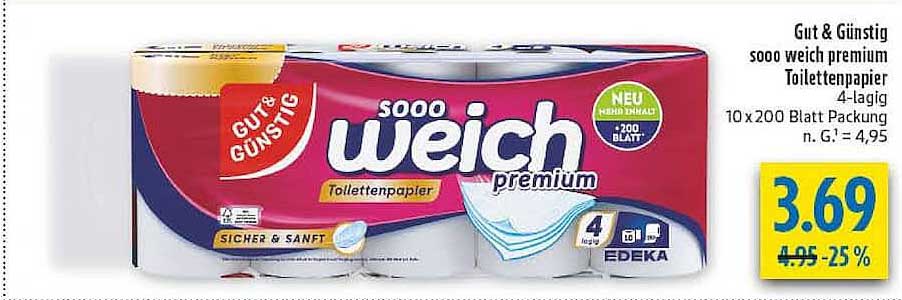 Gut & Günstig soooo weich premium Toilettenpapier 4-lagig 10 x 200 Blatt Packung