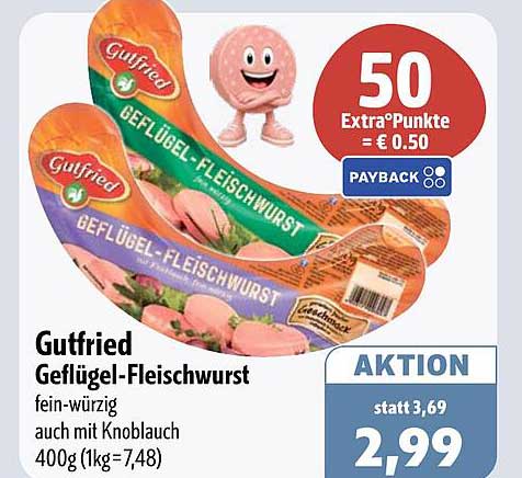 Gutfried Geflügel-Fleischwurst fein-würzig auch mit Knoblauch 400g (1kg=7,48)