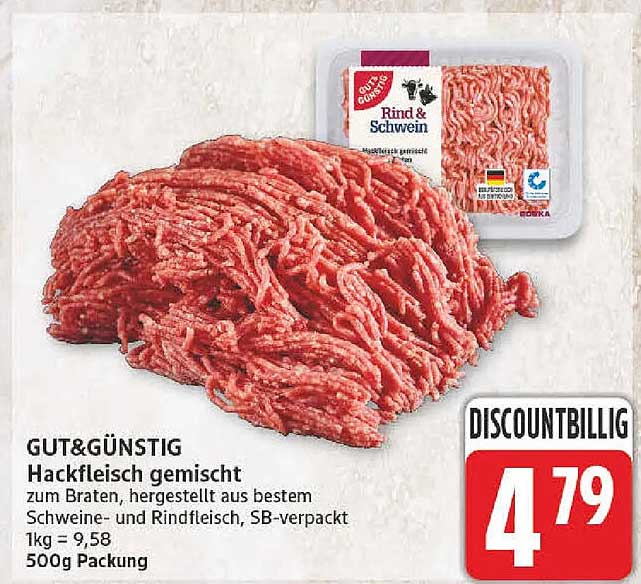 GUT&GÜNSTIG Hackfleisch gemischt zum Braten, hergestellt aus bestem Schweine- und Rindfleisch, SB-verpackt 1kg = 9,58 500g Packung