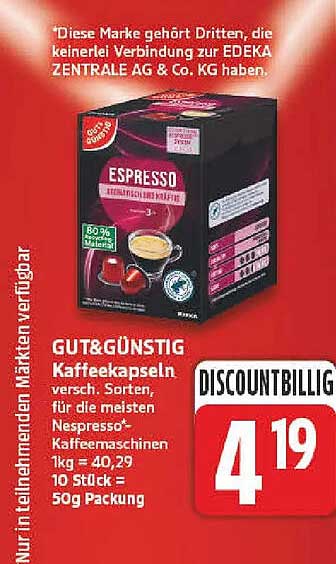 GUT&GÜNSTIG Kaffeekapseln versch. Sorten, für die meisten Nespresso* Kaffeemaschinen 1kg = 40,29 10 Stück = 50g Packung