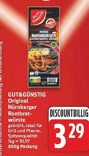 GUT&GÜNSTIG Original Nürnberger Rostbratwürste, gebrüht, ideal für Grill und Pfanne, Spitzenqualität 1kg = 10,97 300g Packung