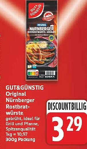GUT&GÜNSTIG Original Nürnberger Rostbratwürste, gebrüht, ideal für Grill und Pfanne, Spitzenqualität 1kg = 10,97 300g Packung