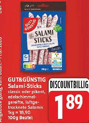 GUT&GÜNSTIG Salami-Sticks classic oder pikant, edelschimmelgereifte, luftgetrocknete Salamis 1kg = 18,90 100g Beutel