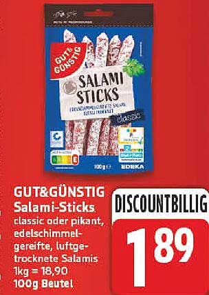 GUT&GÜNSTIG Salami-Sticks classic oder pikant, edelschimmelgereifte, luftgetrocknete Salamis 1kg = 18,90 100g Beutel