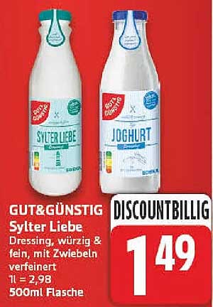 GUT&GÜNSTIG Sylt­er Liebe Dressing, würzig & fein, mit Zwiebeln verfeinert 1l = 2,98 500ml Flasche