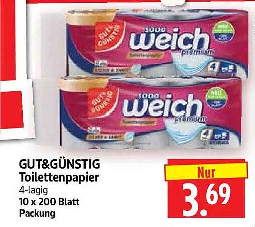 GUT&GÜNSTIG Toilettenpapier 4-lagig 10 x 200 Blatt Packung