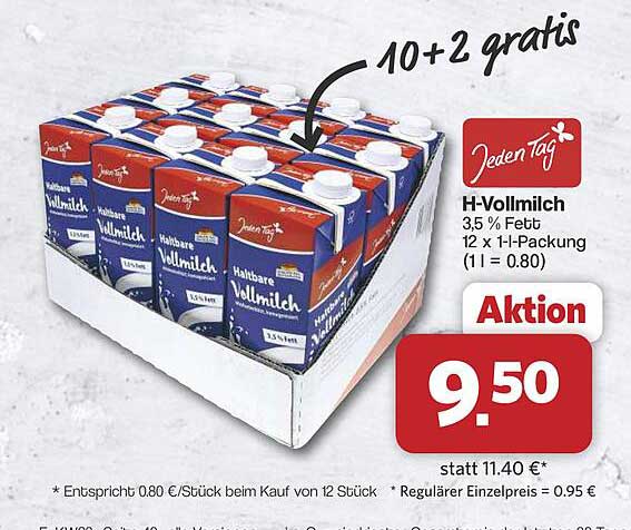 H-Vollmilch 3,5 % Fett 12 x 1-l-Packung (1 l = 0.80)