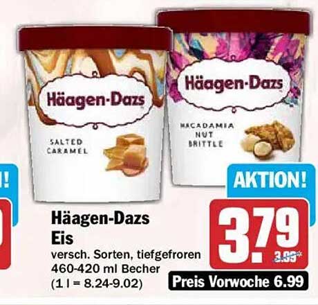 Häagen-Dazs Eis versch. Sorten, tiefgefroren 460-420 ml Becher (1 l = 8.24-9.02)