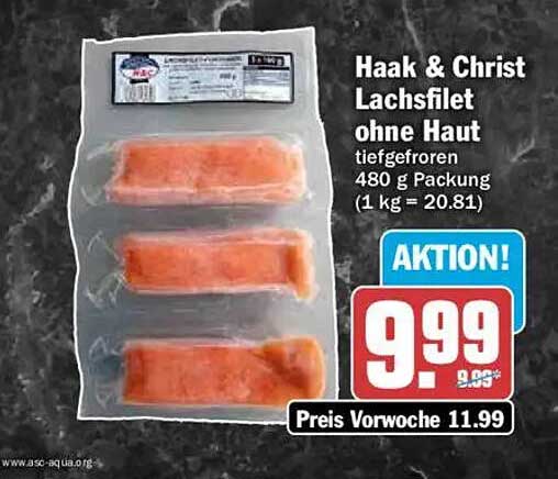 Haak & Christ Lachsfilet ohne Haut tiefgefroren 480 g Packung (1 kg = 20.81)