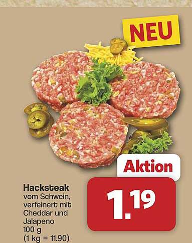 Hacksteak vom Schwein, verfeinert mit Cheddar und Jalapeno 100 g (1 kg = 11,90)