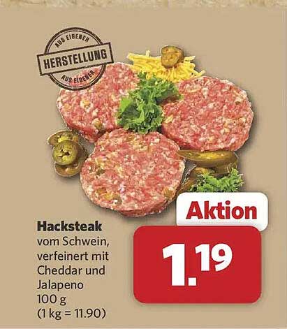 Hacksteak vom Schwein, verfeinert mit Cheddar und Jalapeno 100 g (1 kg = 11.90)