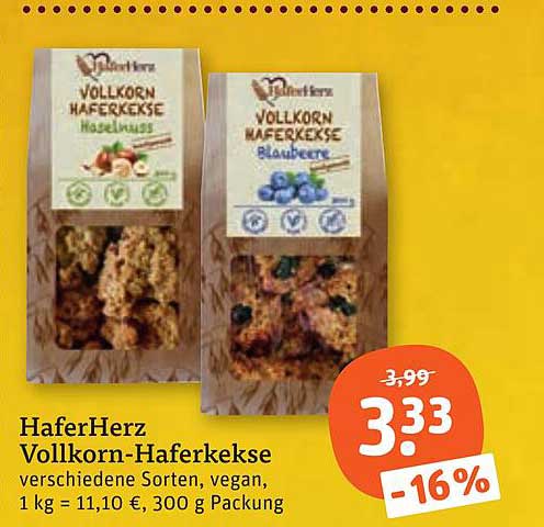 HaferHerz Vollkorn-Haferkekse verschiedene Sorten, vegan, 1 kg = 11,10 €, 300 g Packung