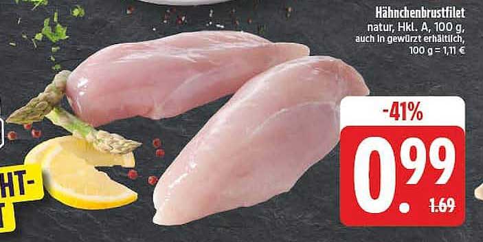 Hähnchenbrustfilet natur, Hkl. A, 100 g, auch in gewürzt erhältlich, 100 g = 1,11 €