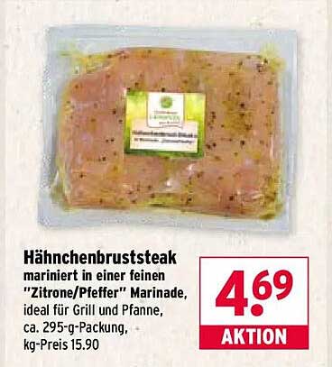 Hähnchenbruststeak mariniert in einer feinen "Zitrone/Pfeffer" Marinade, ideal für Grill und Pfanne, ca. 295-g-Packung, kg-Preis 15.90